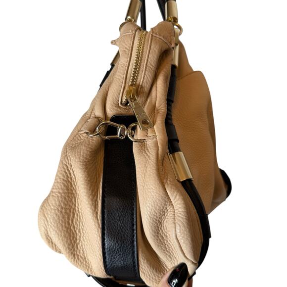 DKNY Vintage Leather Satchel Beige Black Bowler Bag Purse Handbag - Picture 3 of 11